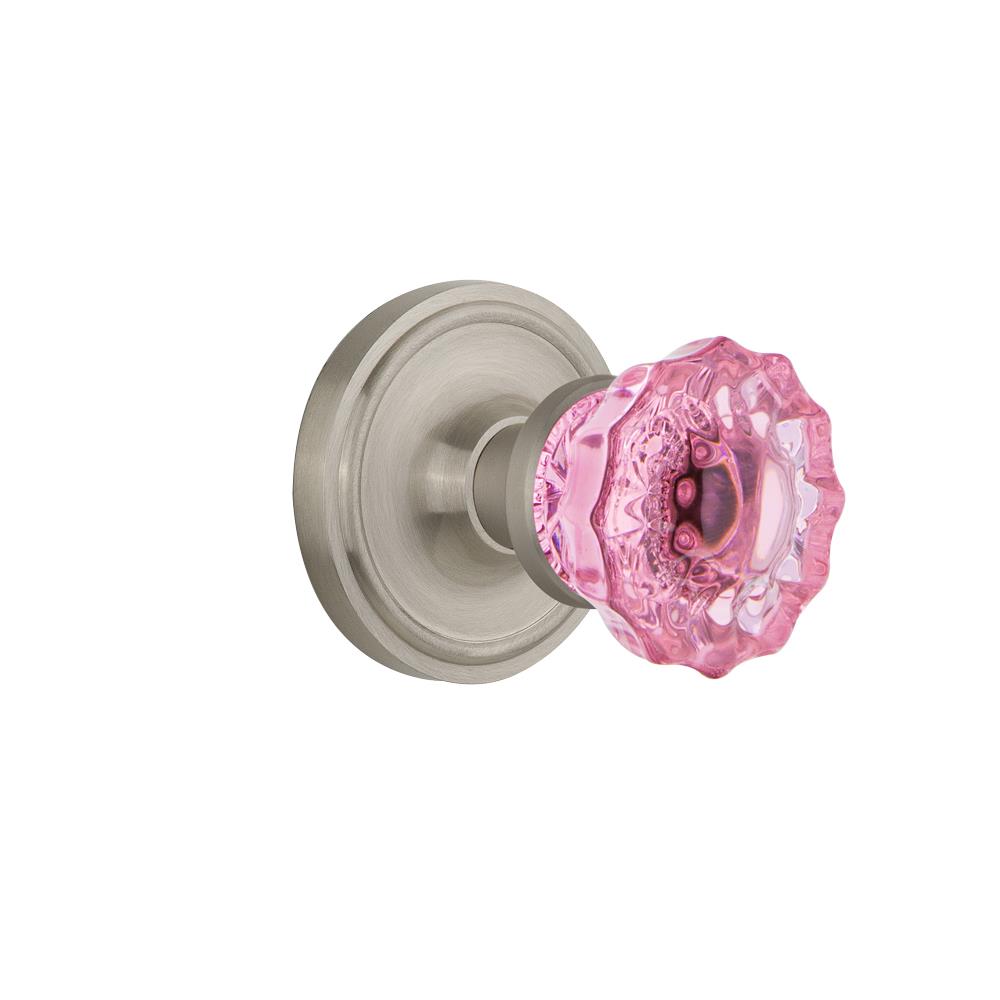 Nostalgic Warehouse CLACRP Colored Crystal Classic Rosette Passage Crystal Pink Glass Door Knob in Satin Nickel